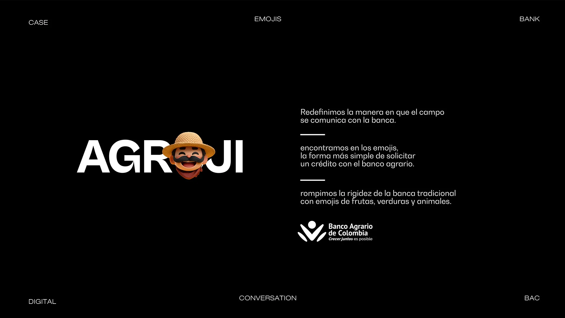 Lámina de presentación de AgroJi con el logo y el texto Redefinimos la manera en que el campo se comunica con la banca