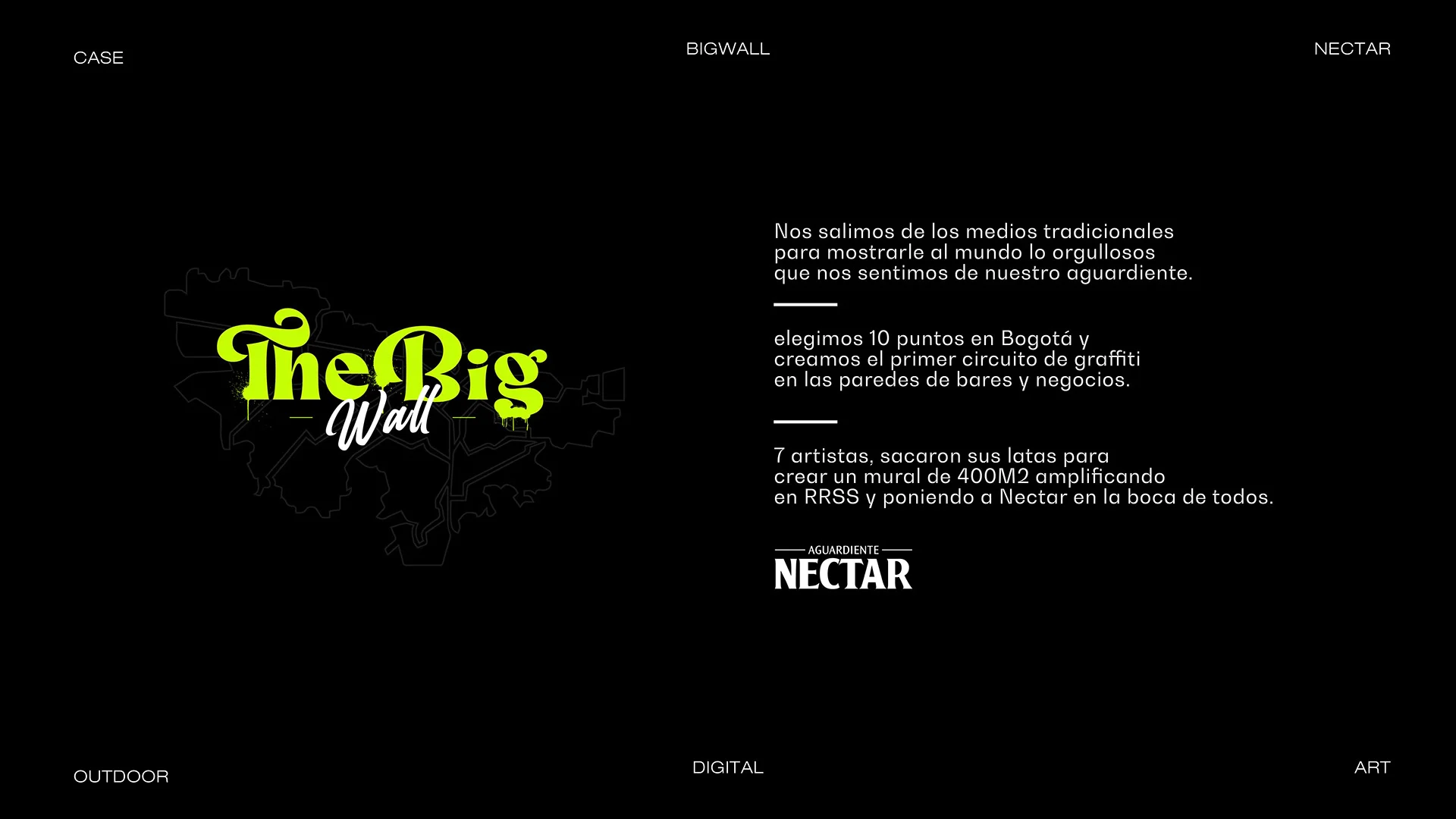 Lámina de presentación de The Big Wall con el logo en verde y el texto del caso
