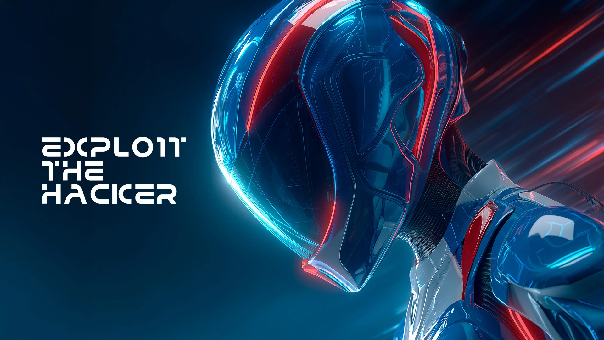 Portada de Exploit the Hacker con el casco del personaje principal iluminado en rojo y azul