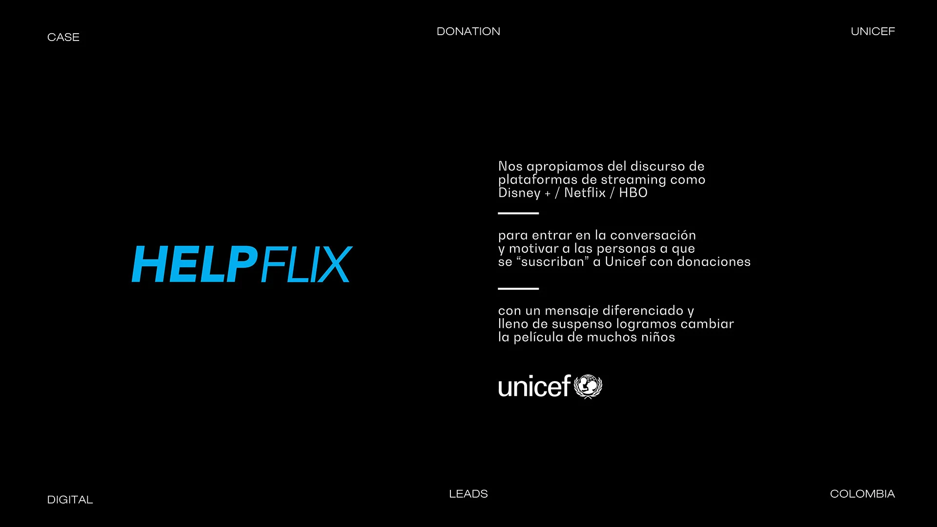 Lámina de presentación del caso Helpflix para UNICEF con el logo de la campaña sobre fondo negro