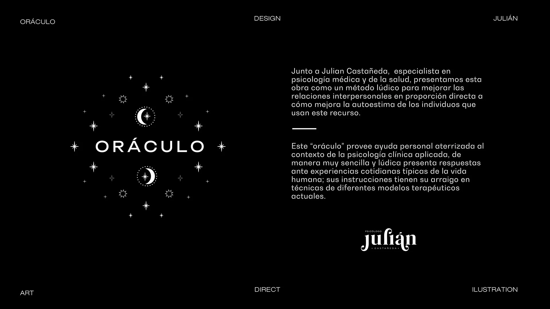 Lámina de presentación del Oráculo con su logo de estrellas y lunas sobre fondo negro