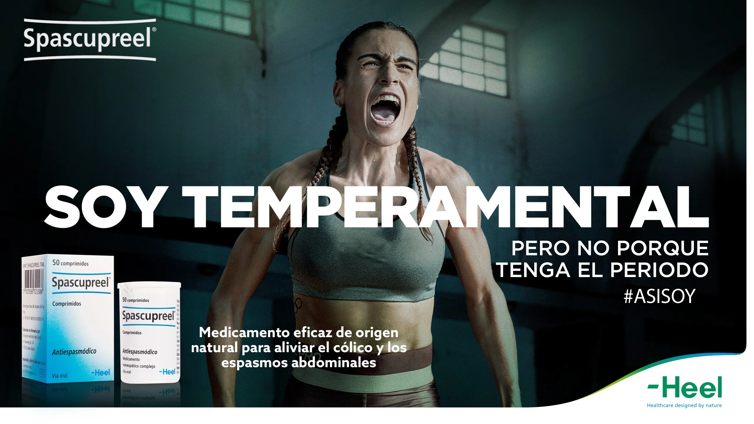 Mujer gritando con fuerza en un gimnasio y el titular Soy temperamental pero no porque tenga el periodo, con el empaque de Spascupreel
