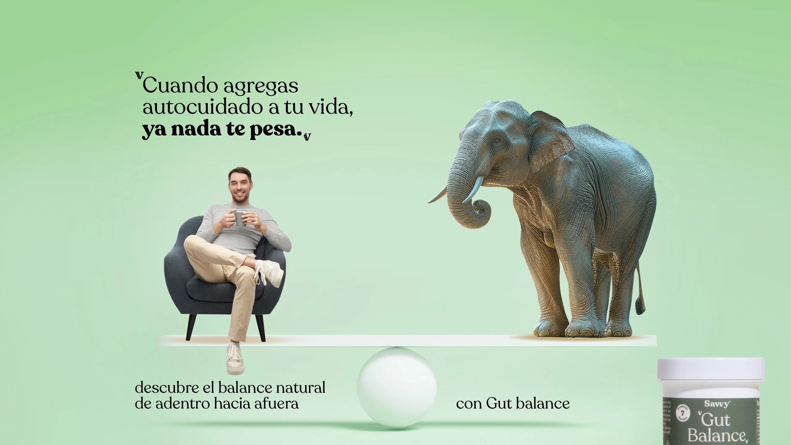 Hombre sentado en un sillón sobre una balanza con un elefante y el texto Cuando agregas autocuidado a tu vida