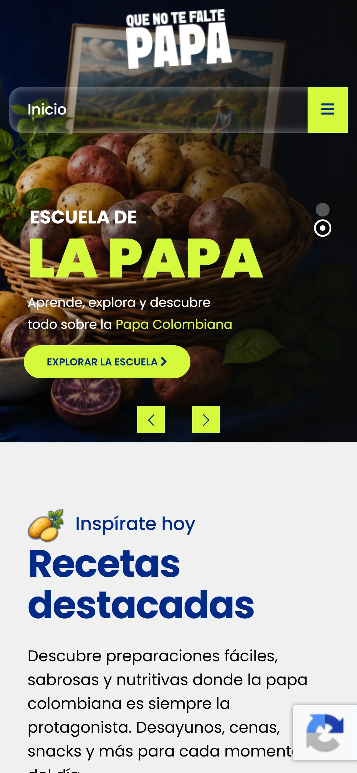 Inicio del sitio en un celular con la Escuela de la Papa y las recetas destacadas