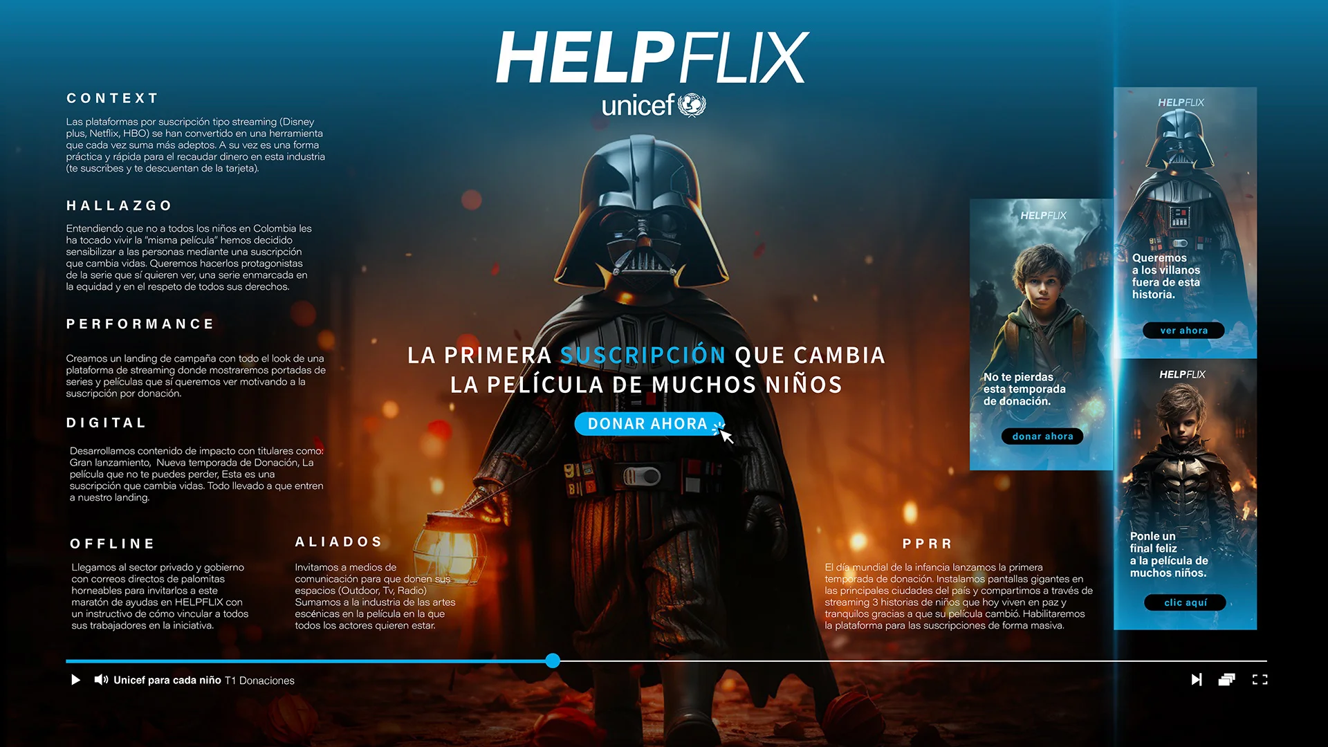 Página de Helpflix con un villano de ciencia ficción y el mensaje La primera suscripción que cambia la película de muchos niños