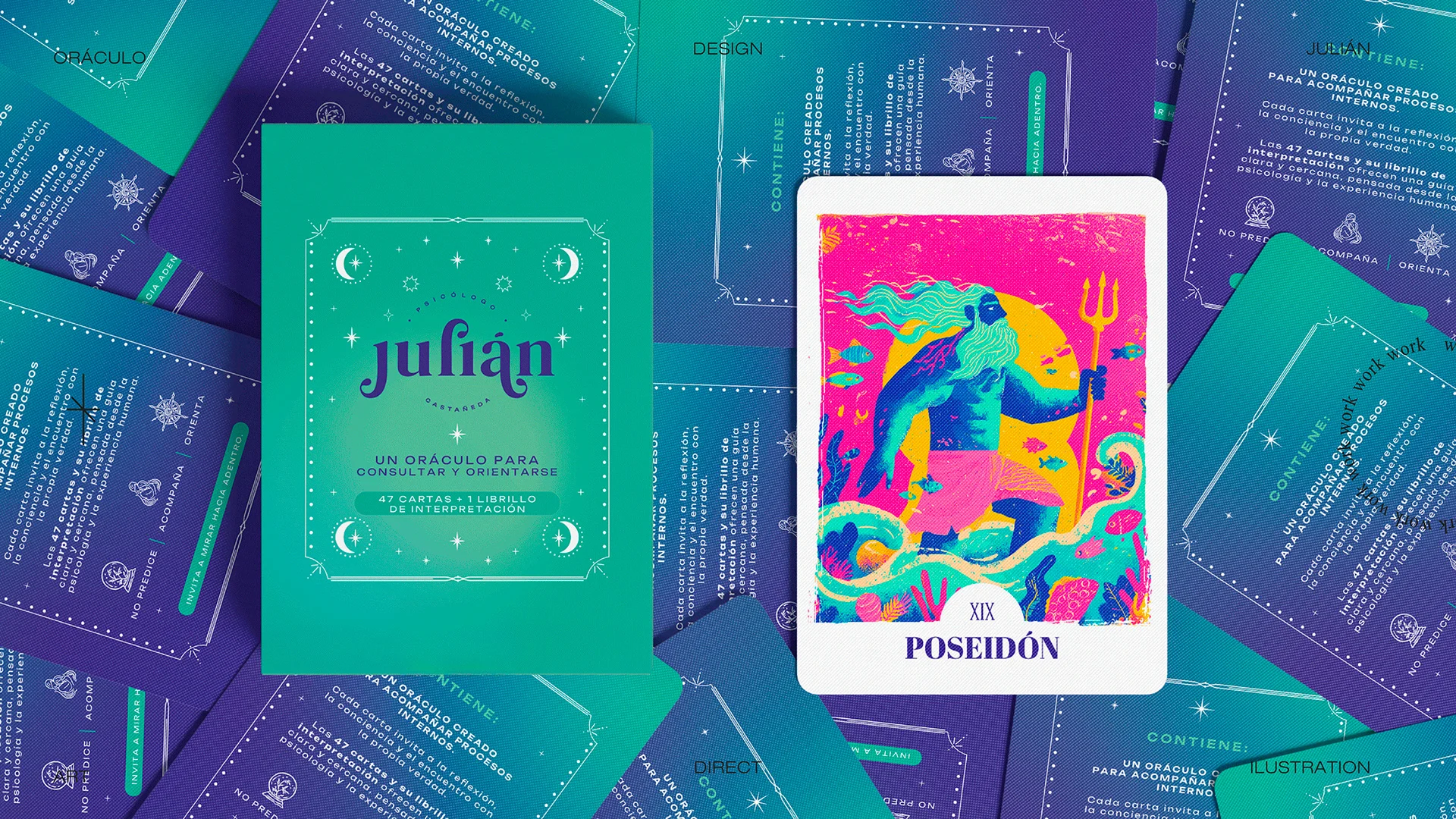 Caja verde azulado del oráculo de Julián y la carta ilustrada de Poseidón