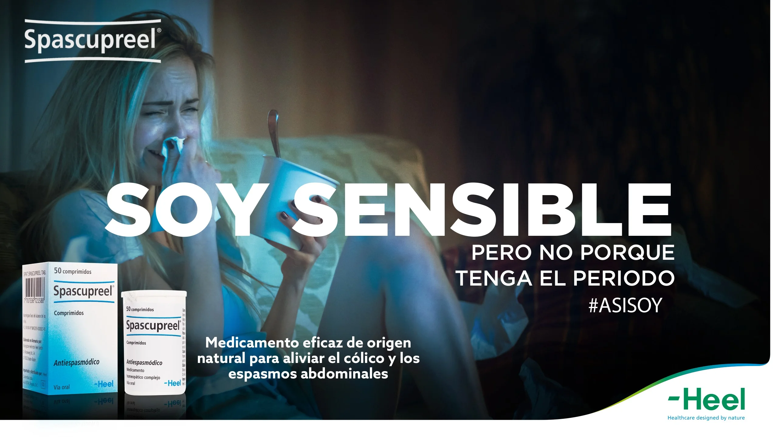 Mujer conmovida, iluminada por una luz azul, y el titular Soy sensible pero no porque tenga el periodo