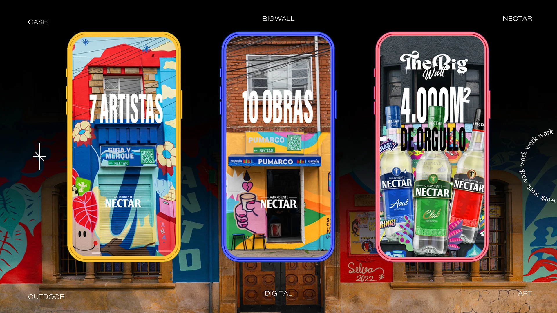 Tres celulares con las cifras de la campaña: 7 artistas, 10 obras y metros de orgullo