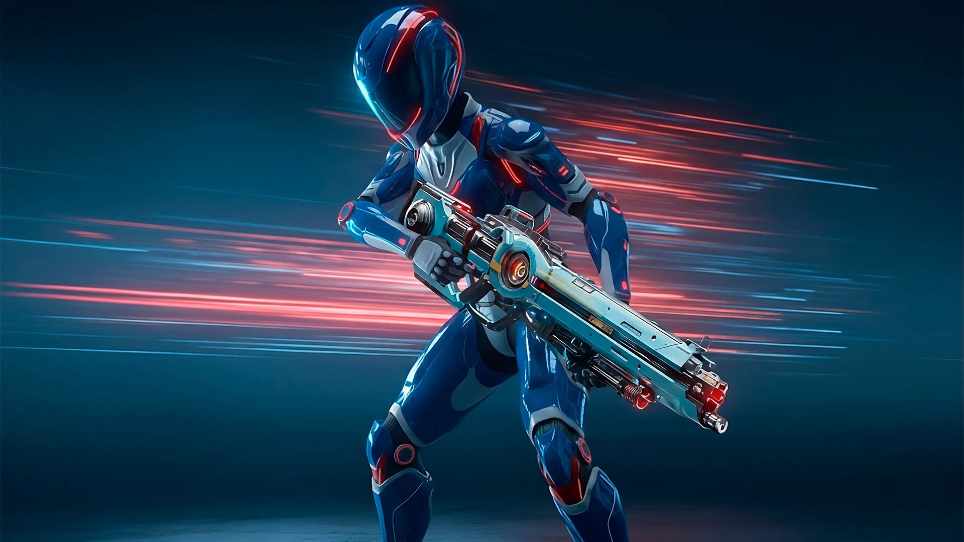 Personaje de Exploit the Hacker con armadura azul y arma de energía en movimiento