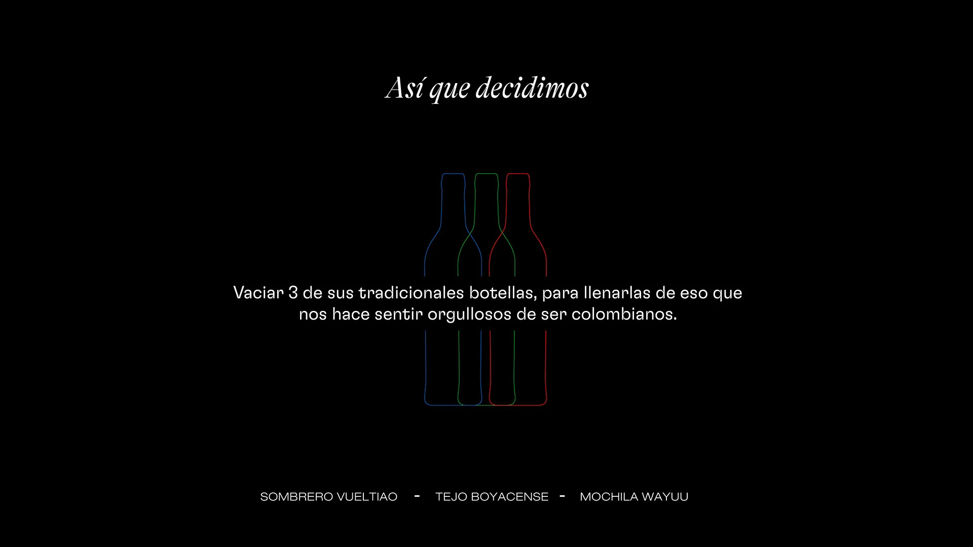 Lámina que explica la idea: vaciar tres botellas de Néctar para llenarlas de orgullo colombiano