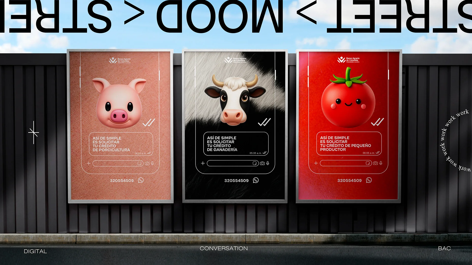 Afiches de AgroJi en la calle con emojis de cerdo, vaca y tomate