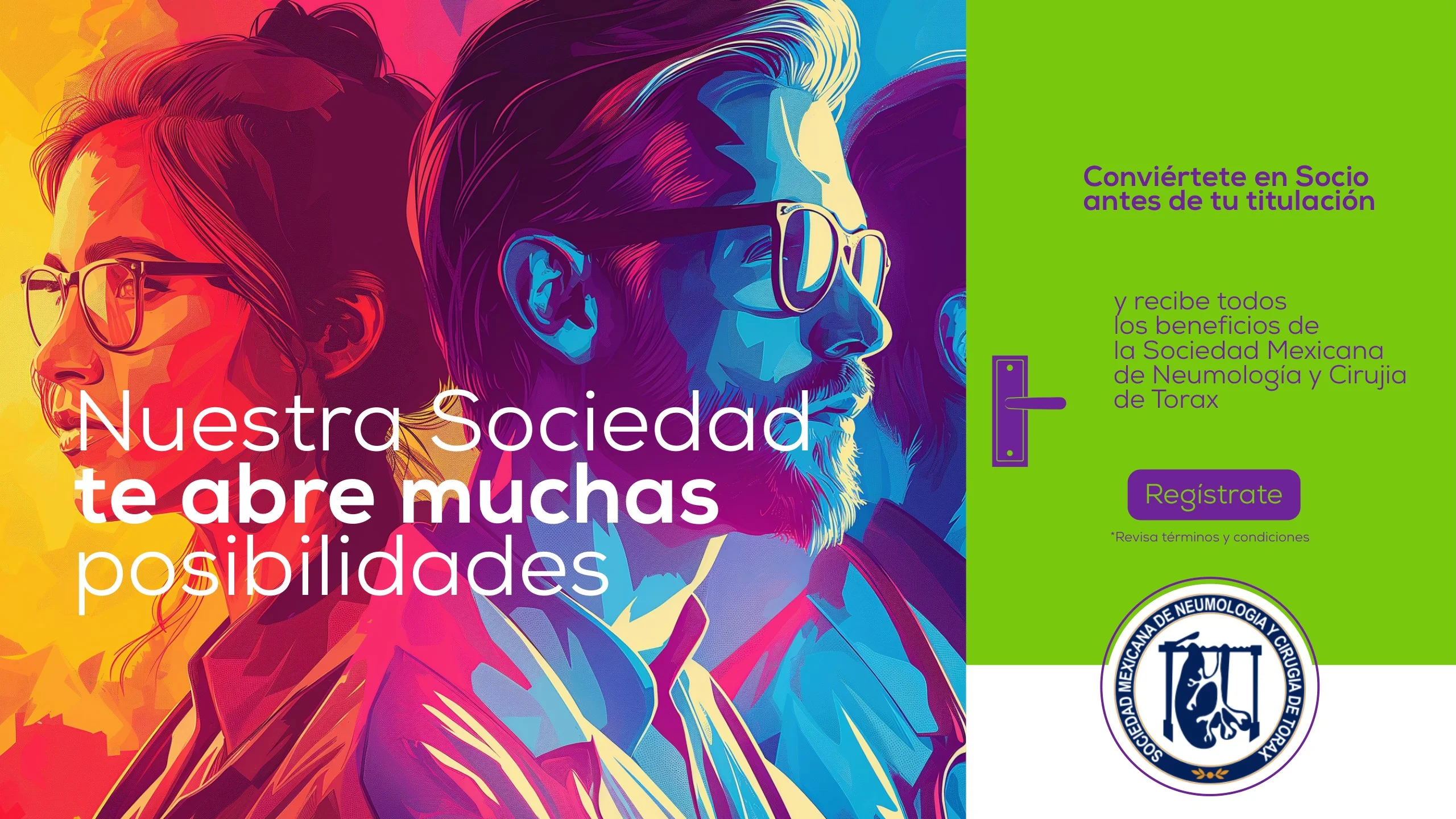 Key visual con dos médicos ilustrados y el texto Nuestra Sociedad te abre muchas posibilidades, conviértete en socio antes de tu titulación