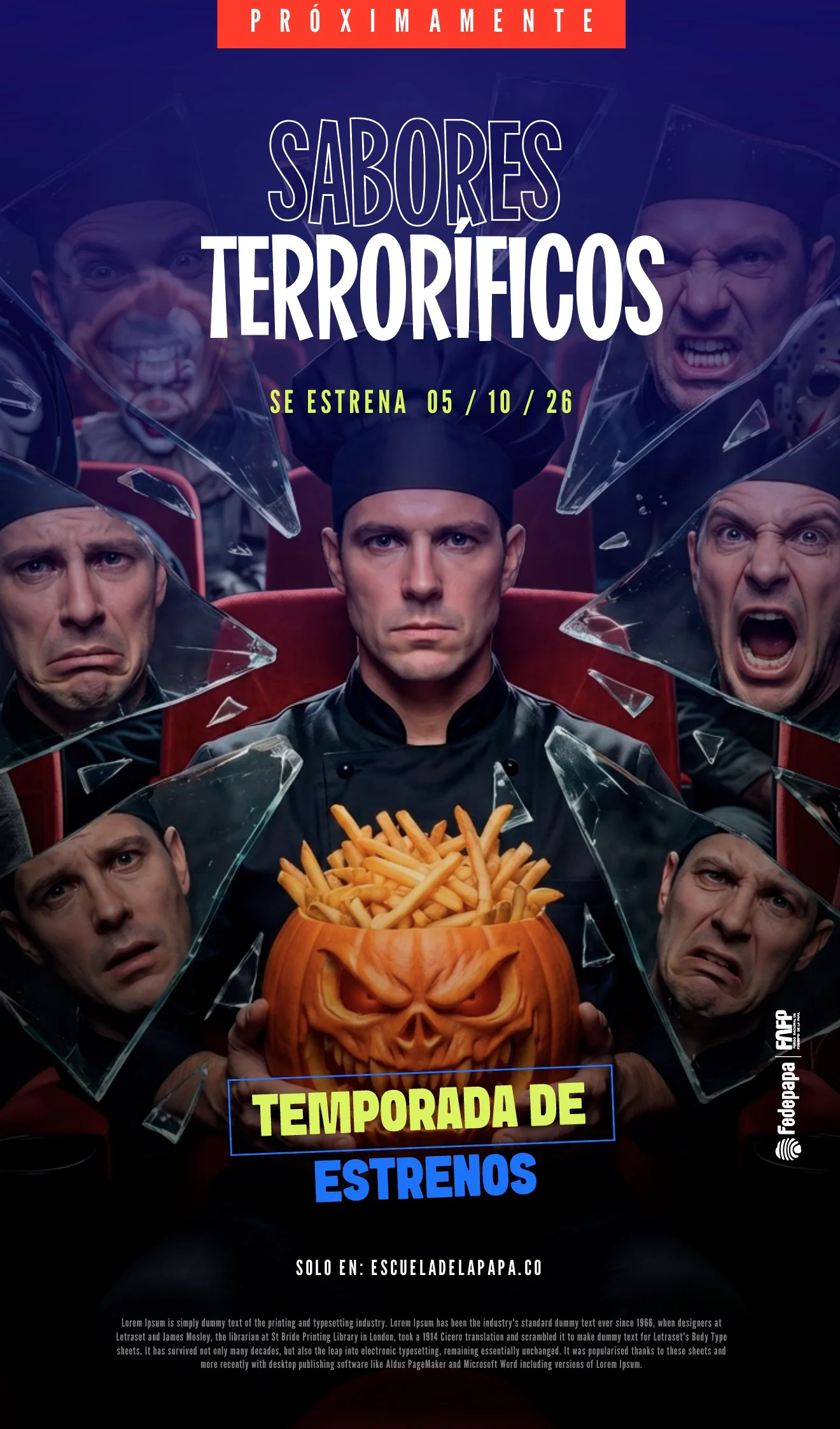 Cartel de Sabores Terroríficos: un chef con papas fritas en una calabaza de Halloween, estreno del 5 de octubre