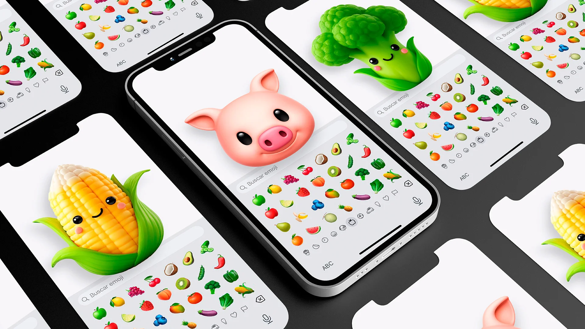 Celulares con el teclado de emojis de AgroJi mostrando cerdo, mazorca y brócoli