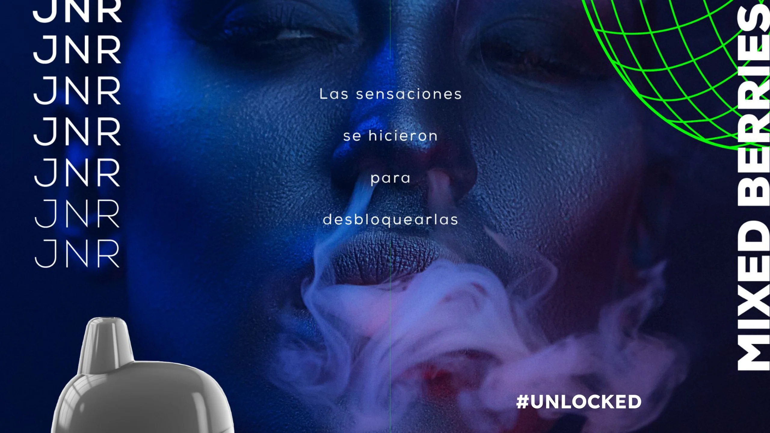 Key visual #Unlocked de Mixed Berries con un rostro entre humo azul