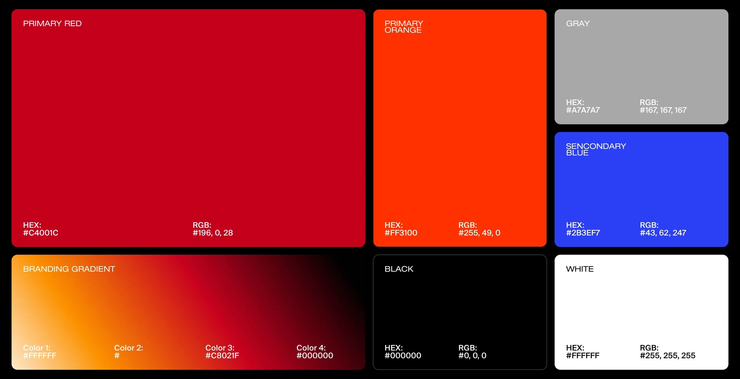 Paleta de Soult: rojo #C4001C, naranja #FF3100, gris #A7A7A7, azul #2B3EF7, negro, blanco y degradado