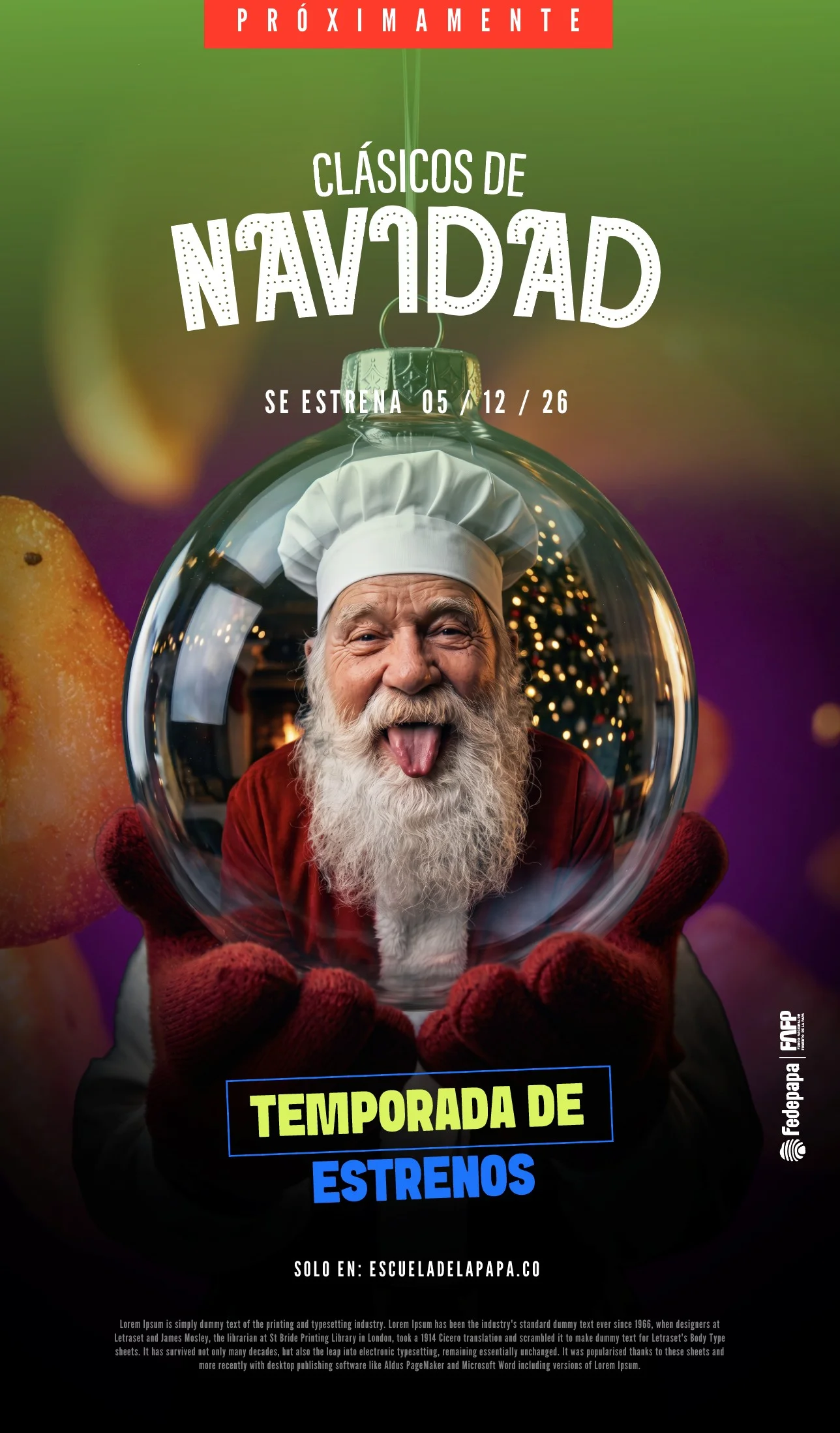 Cartel de Clásicos de Navidad: un chef de barba blanca dentro de una bola de árbol de Navidad, estreno del 5 de diciembre
