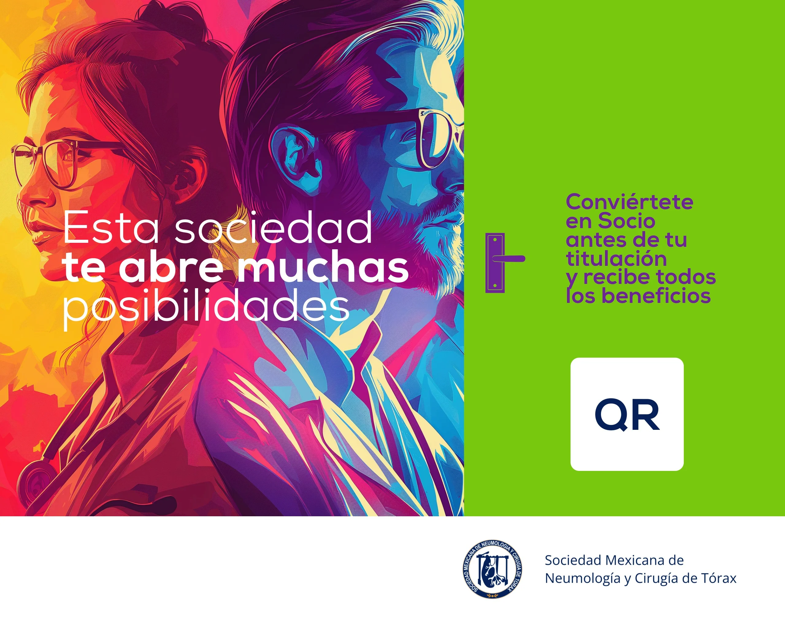 Pieza con dos médicos ilustrados, el texto Esta sociedad te abre muchas posibilidades y un código QR
