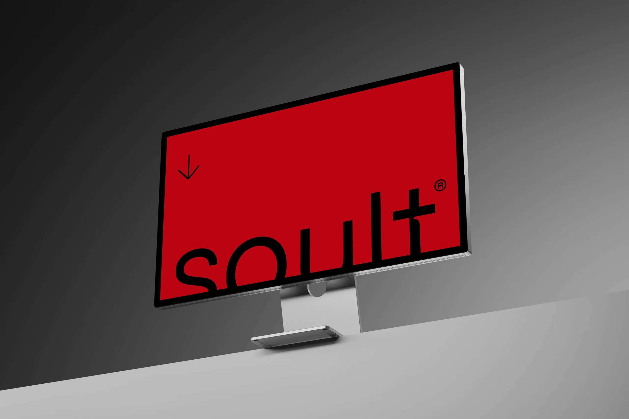 Monitor con el logo de Soult cortado sobre fondo rojo