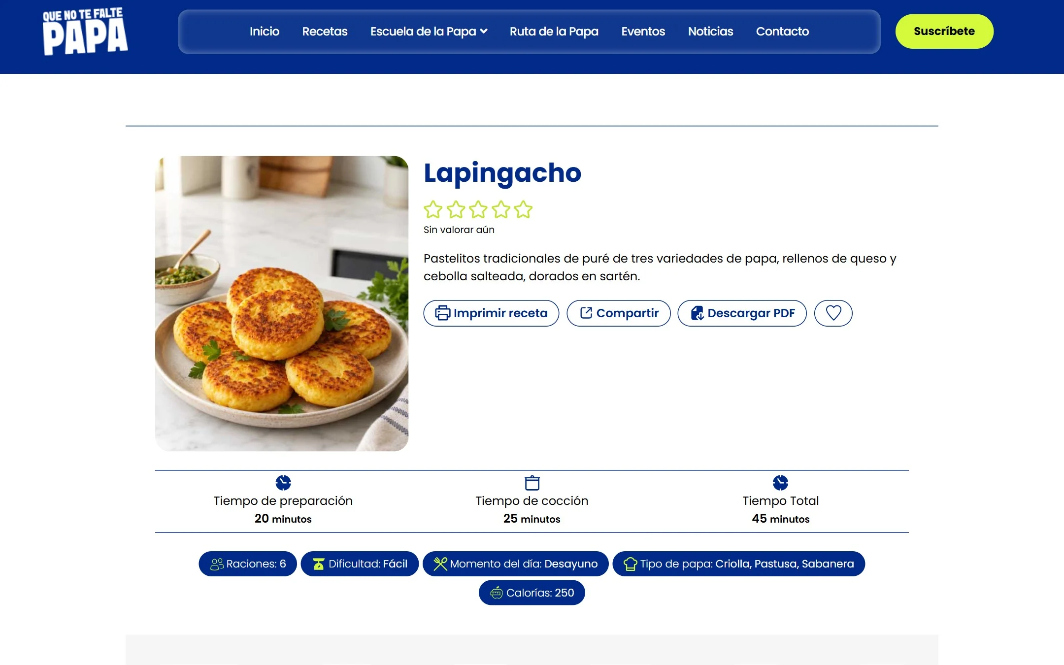 Receta de lapingacho con tiempos, porciones y botones para imprimir, compartir y descargar en PDF