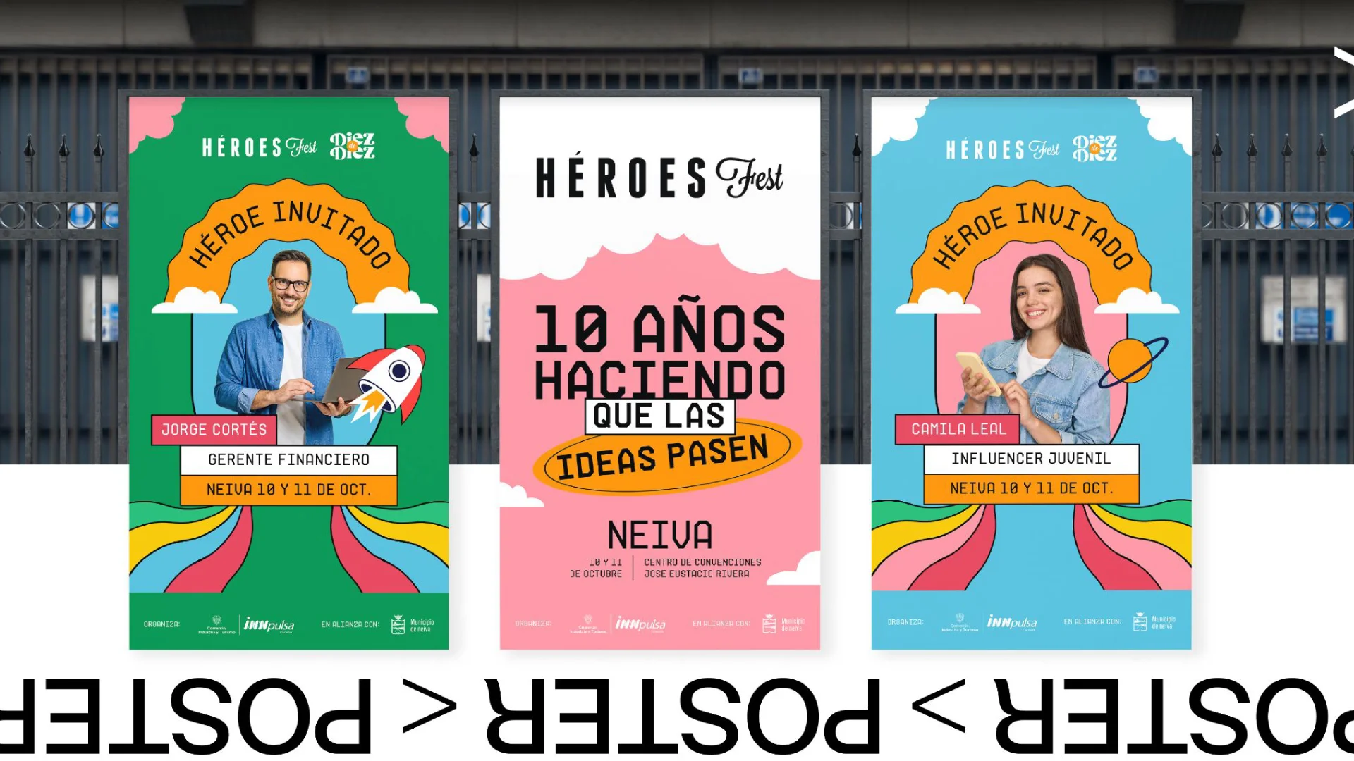 Afiches de Héroes Fest con invitados y el mensaje 10 años haciendo que las ideas pasen