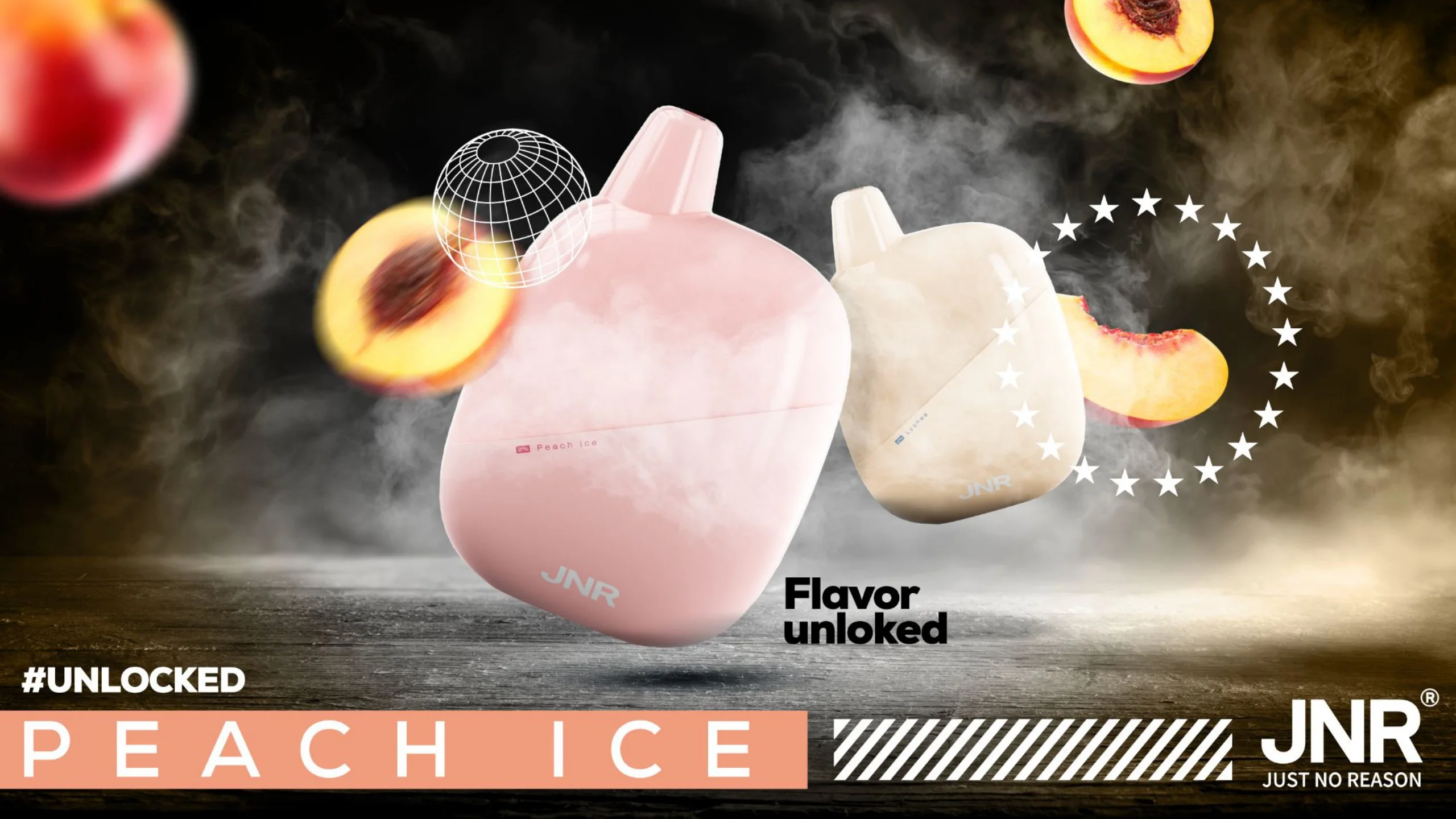 Key visual de Peach Ice con duraznos y vapeadores