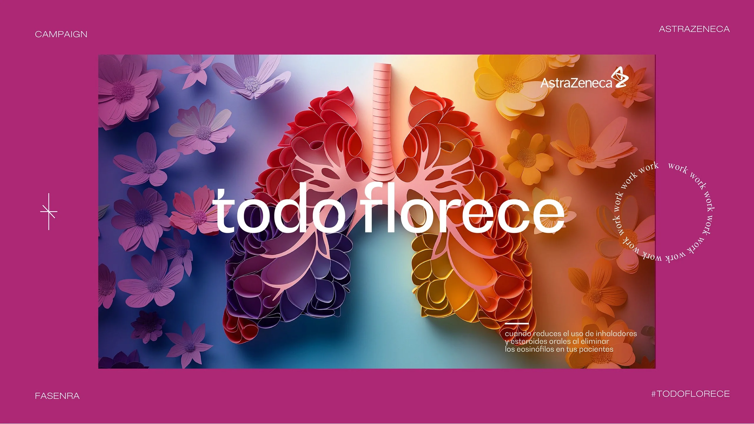 Key visual de pulmones de flores sobre fondo magenta