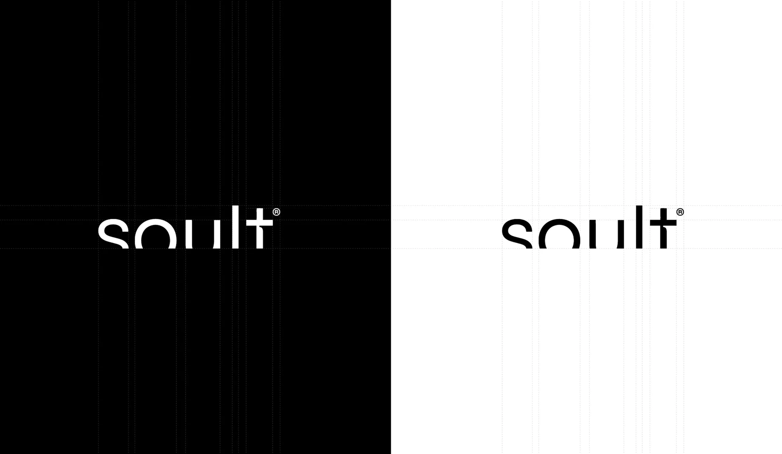 Logo de Soult en blanco sobre fondo negro y en negro sobre fondo blanco, con las líneas de su retícula de construcción