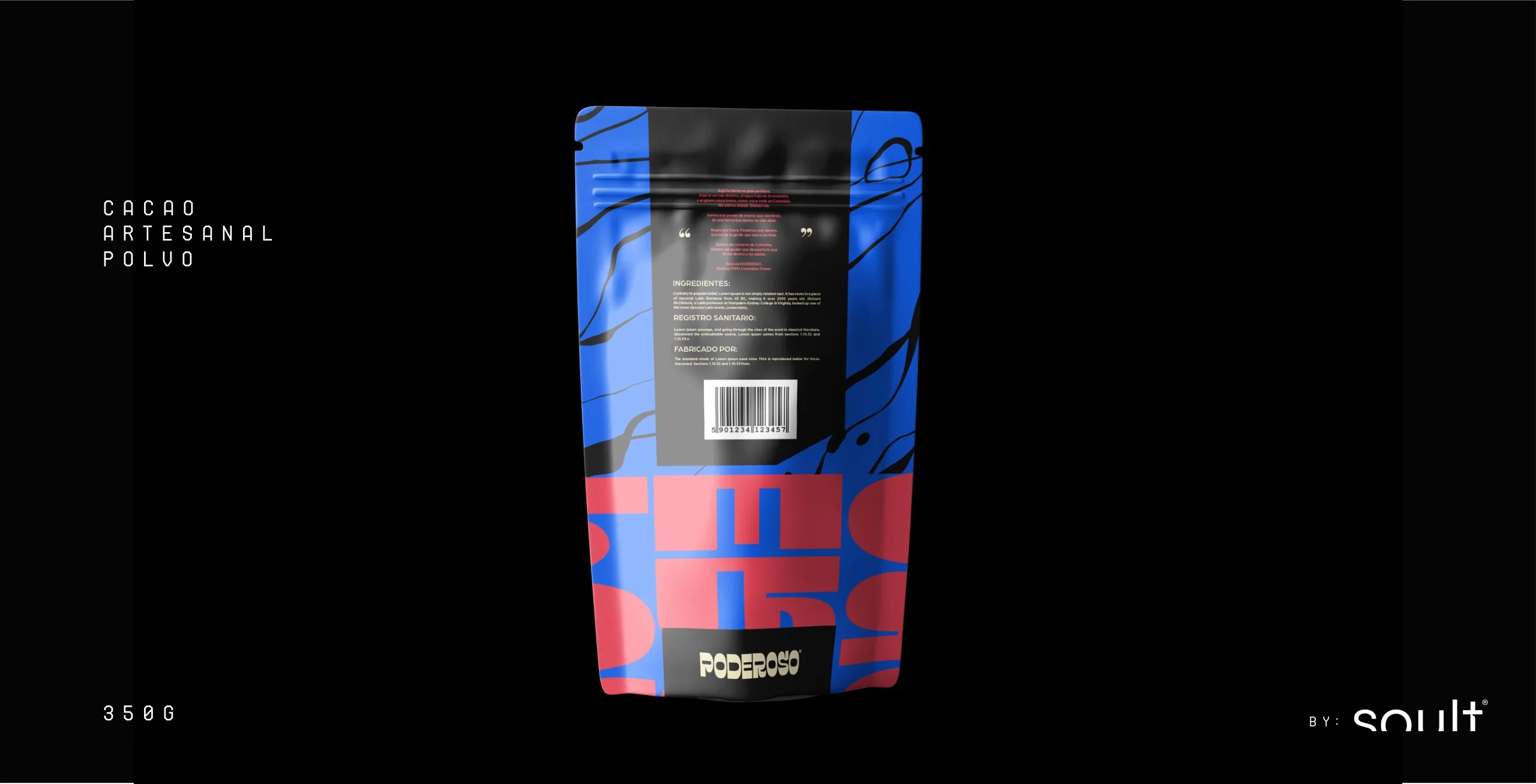 Bolsa de cacao artesanal en polvo de 350 g con estampado azul y rojo