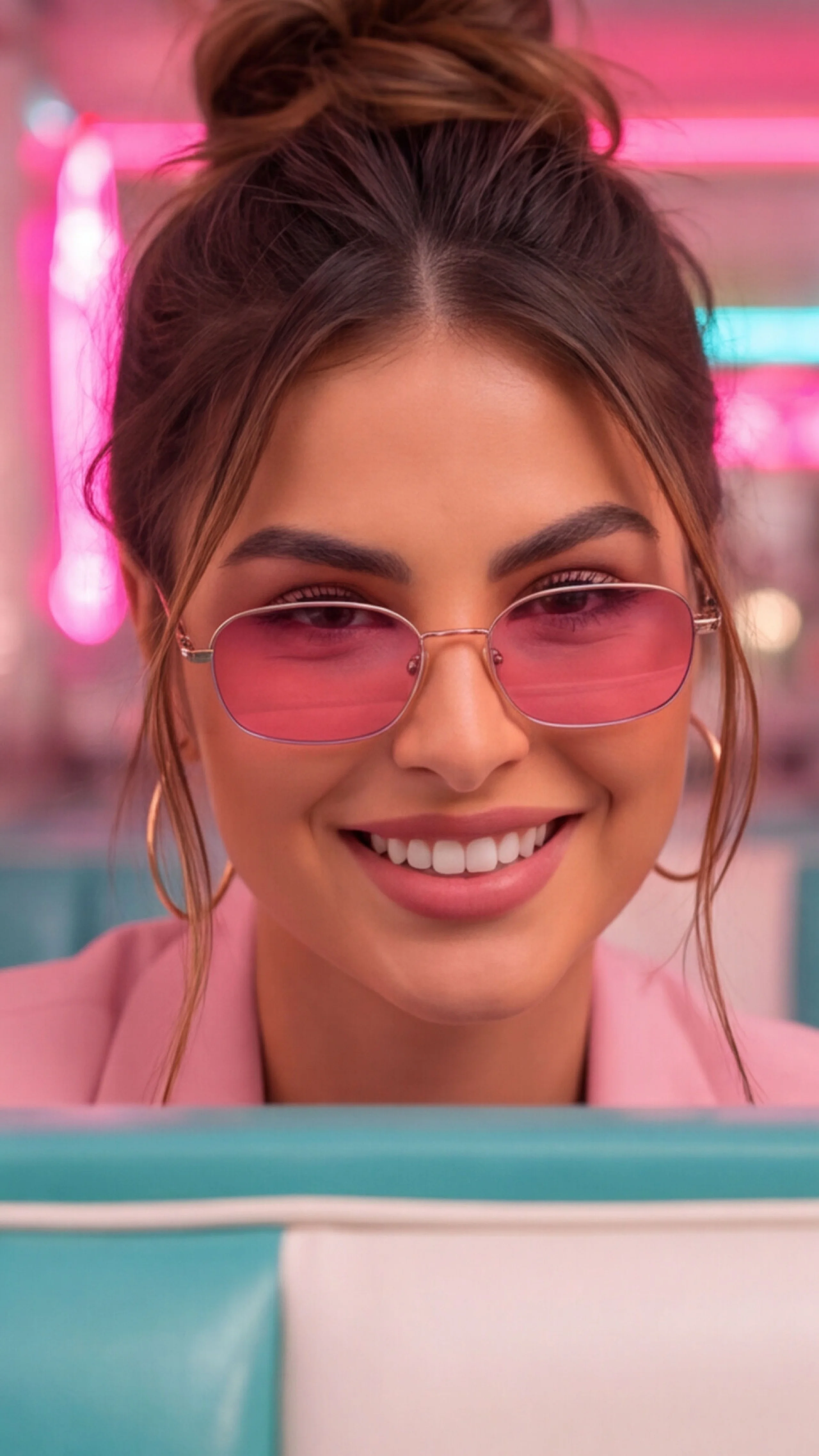 Retrato de una modelo sonriente con gafas rosadas en la cafetería