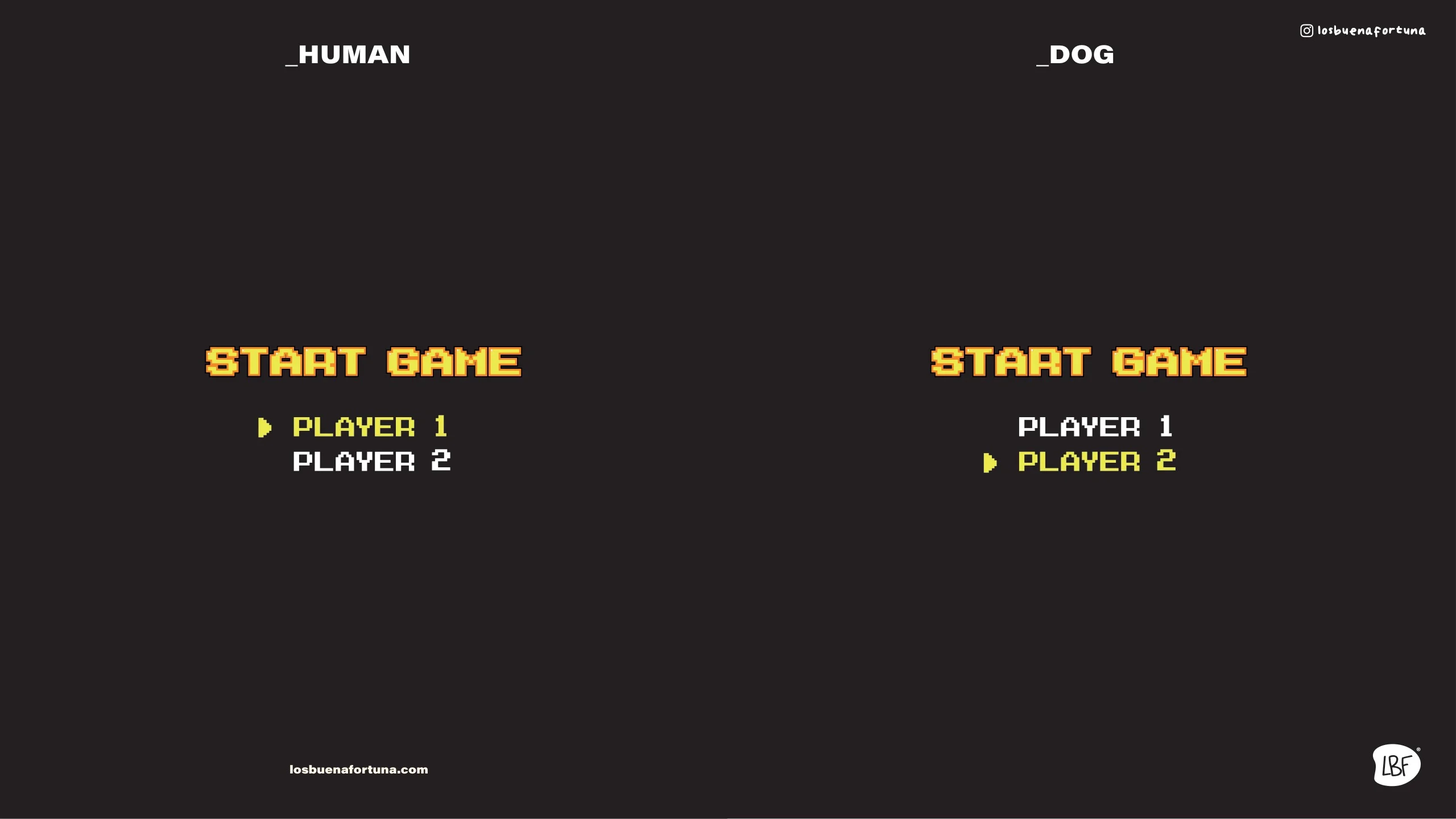 Diseños Start game con Player 1 y Player 2 en amarillo sobre negro