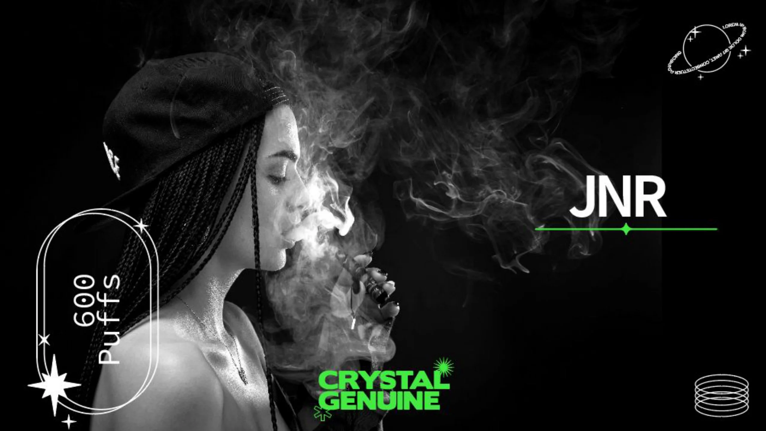 Mujer que exhala vapor junto al logo de JNR y Crystal Genuine