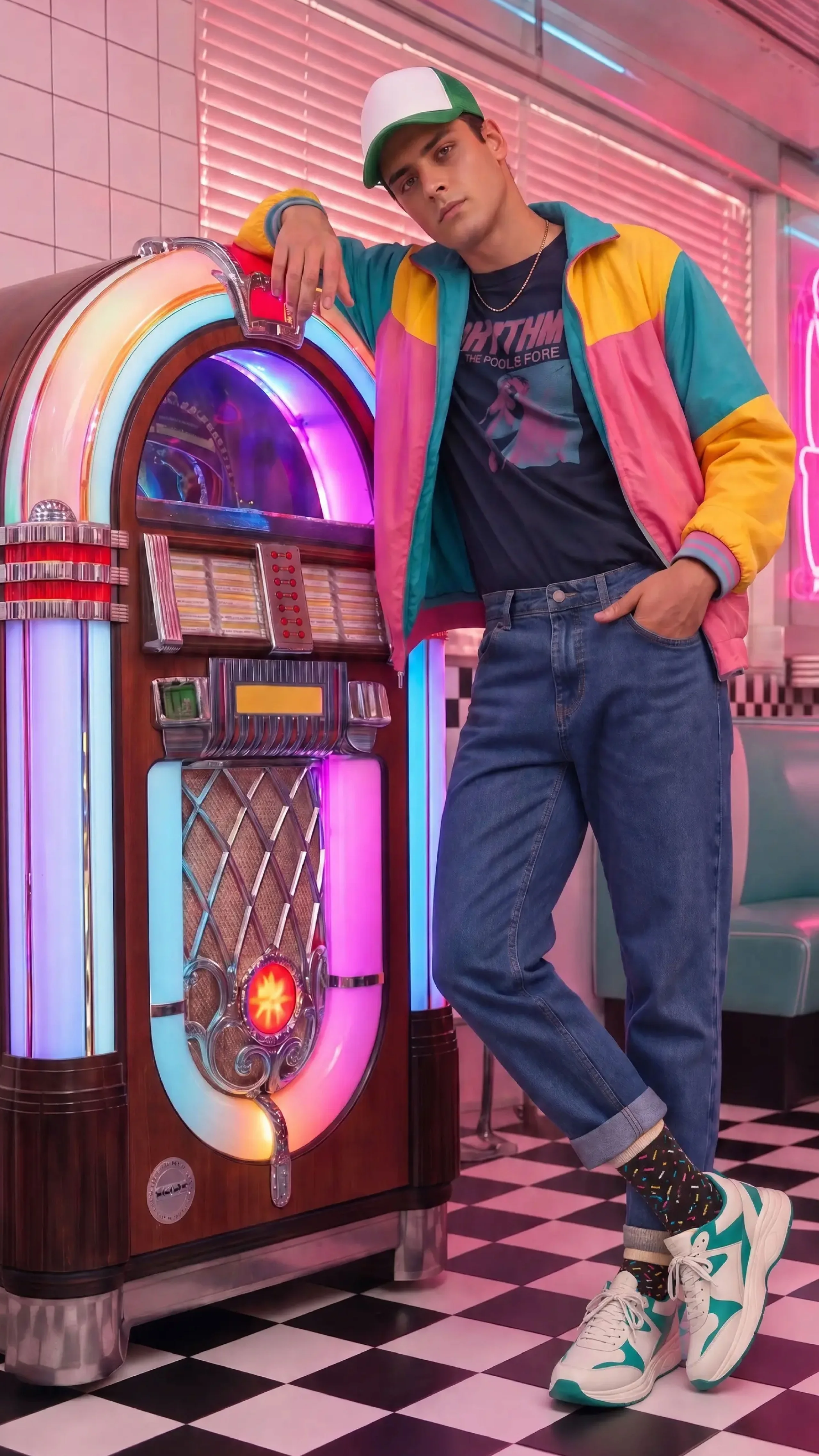 Modelo junto a una rocola con chaqueta de colores y medias Giraffe