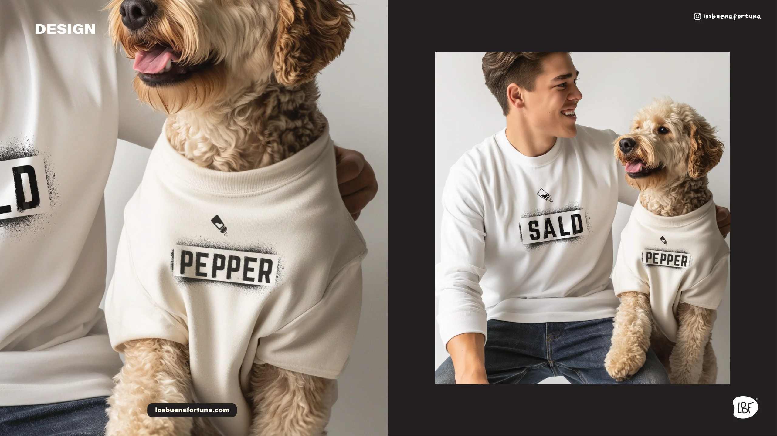 Perro con camiseta Pepper y hombre con buzo Sal, sentados juntos