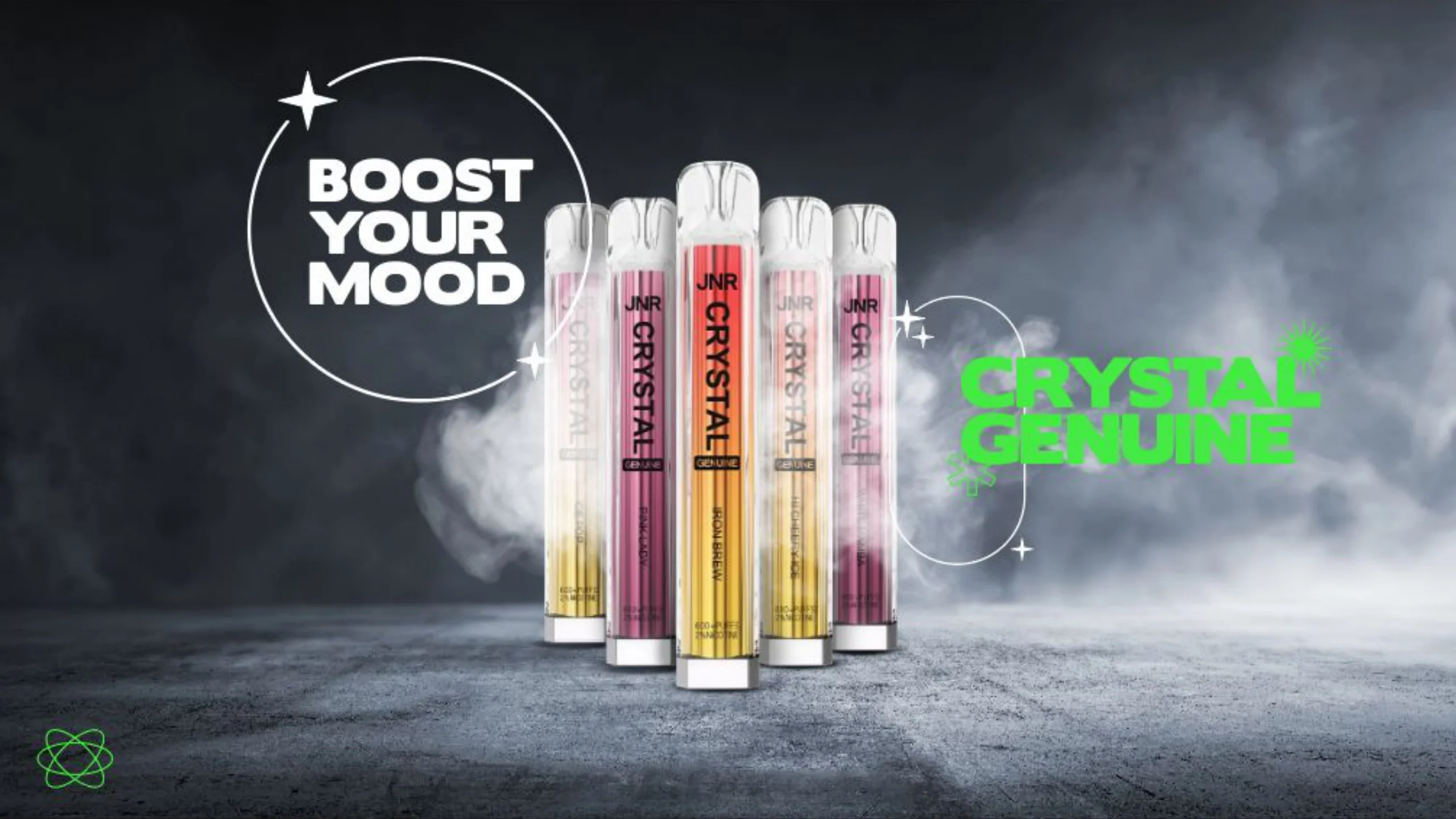 Vapeadores Crystal Genuine entre humo con el sello Boost your mood