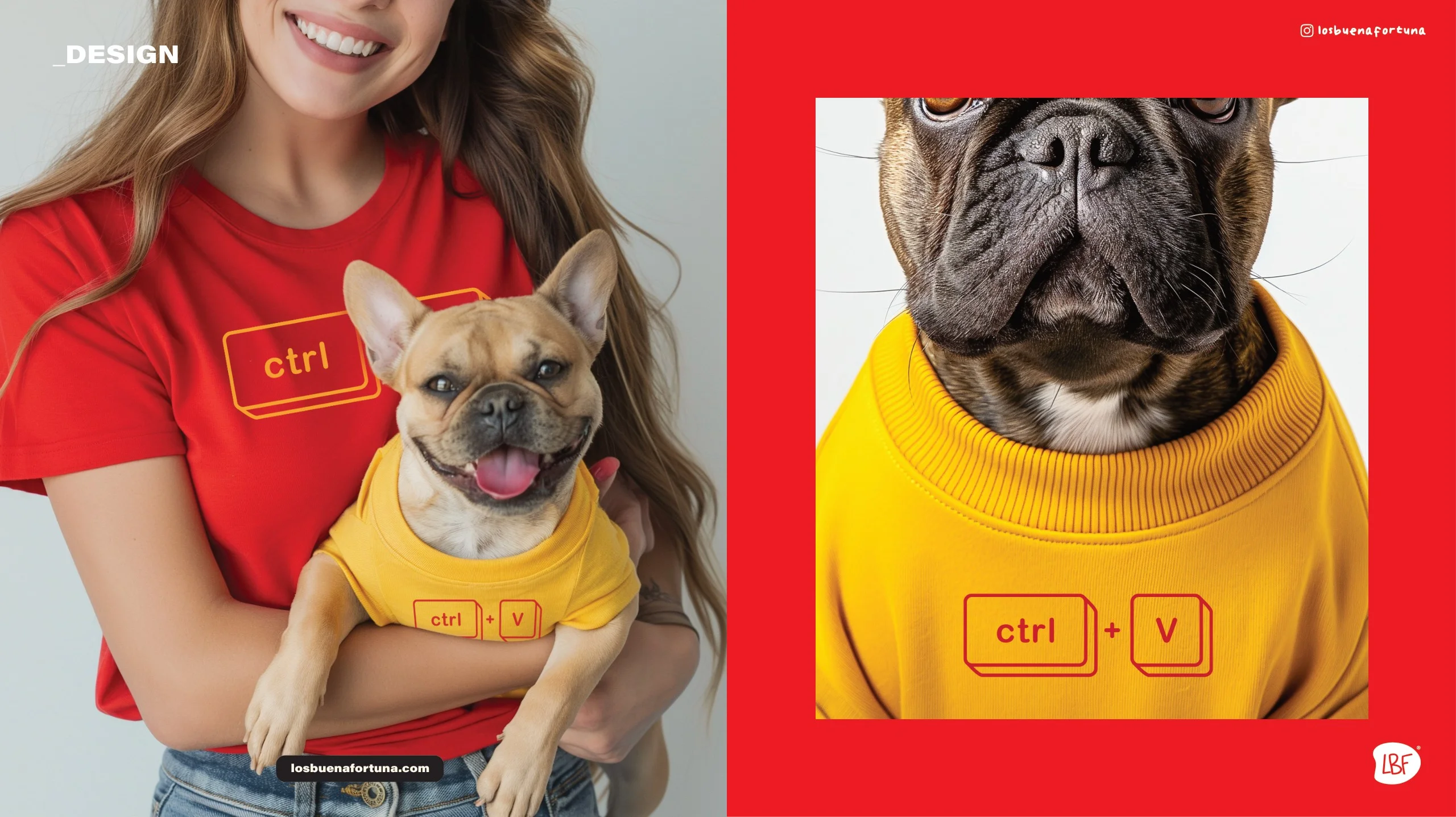 Mujer con camiseta roja Ctrl + C y su bulldog francés con buzo amarillo Ctrl + V