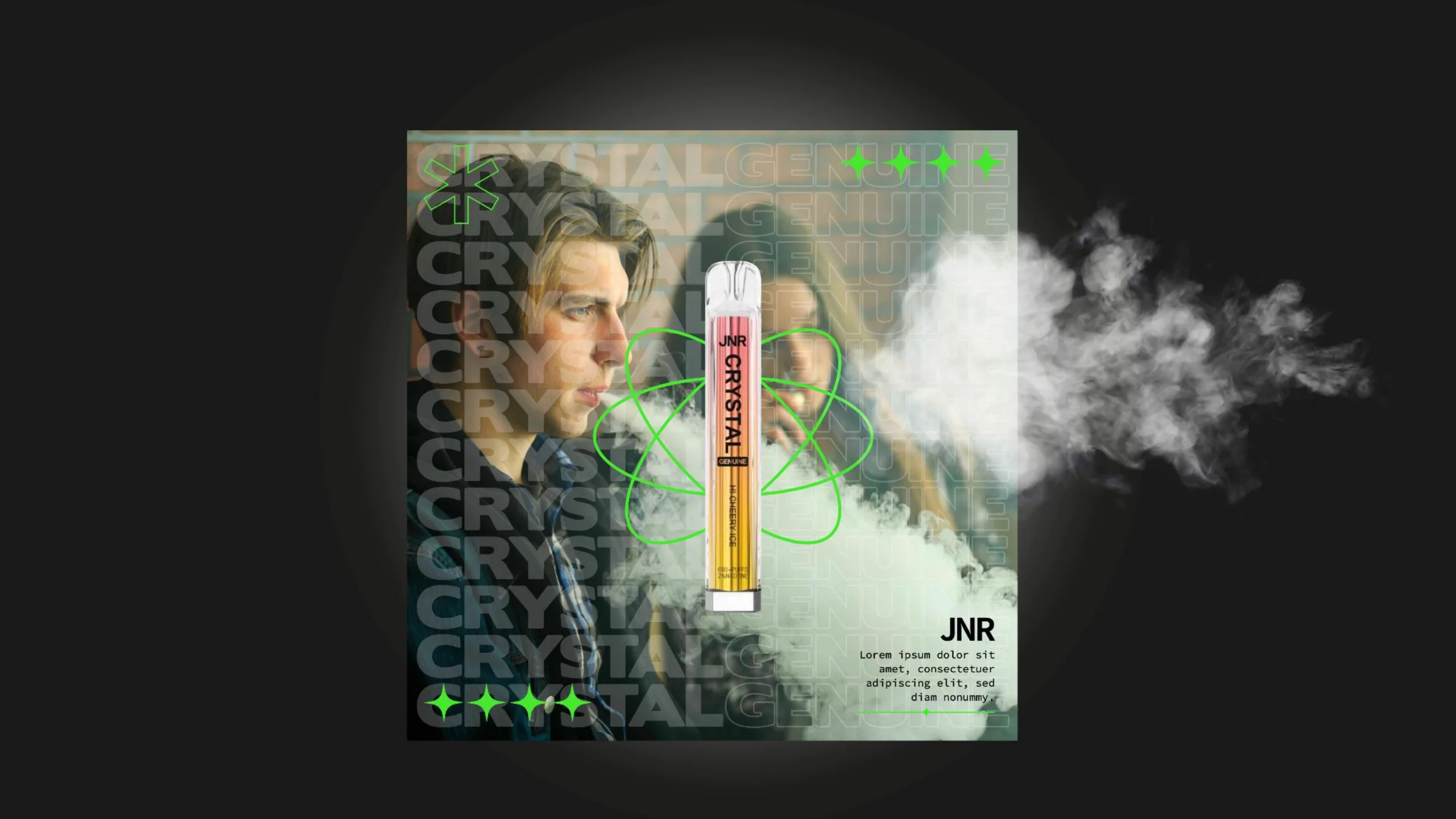 Cartel de Crystal Genuine con un retrato y humo