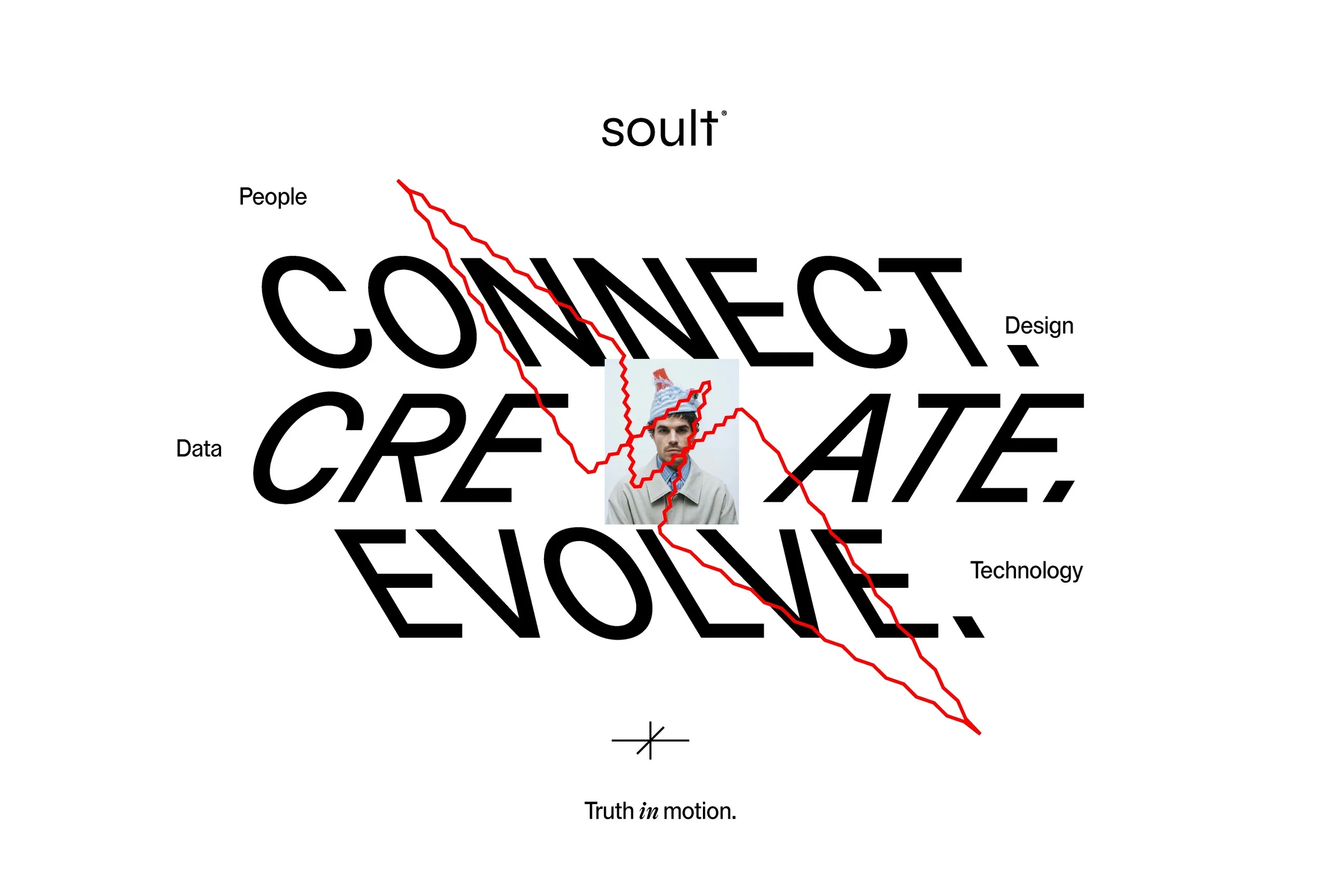 Afiche Connect, Create, Evolve con People, Data, Design y Technology alrededor de un retrato