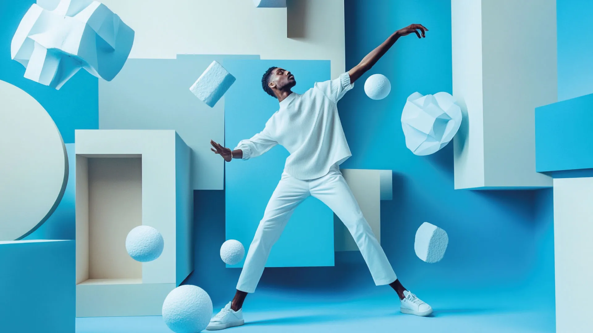 Hombre vestido de blanco en pose de baile entre esferas y bloques blancos que flotan sobre un fondo azul