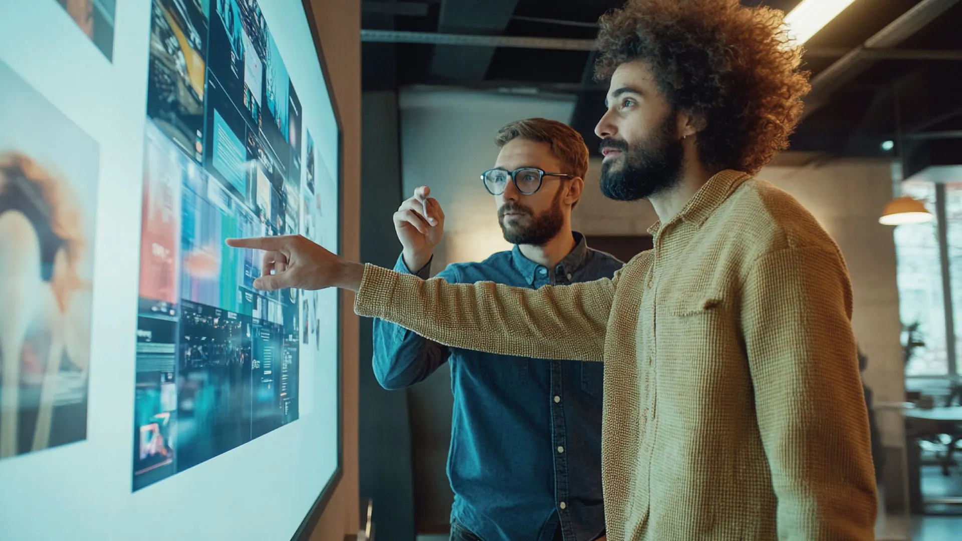 Dos hombres frente a una pantalla grande con imágenes de campañas; uno de ellos señala una pieza