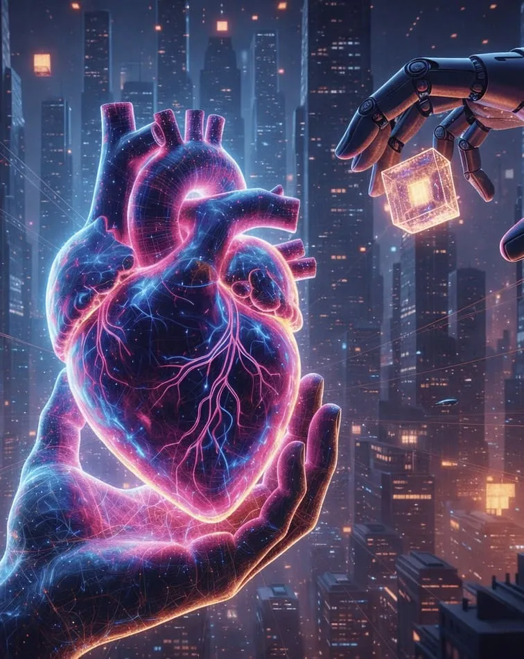 Mano humana luminosa sostiene un corazón de neón mientras una mano robótica sostiene un cubo de luz, sobre una ciudad de noche
