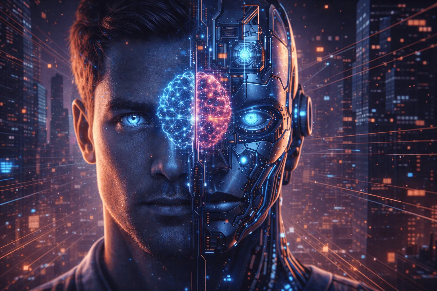 Rostro dividido en dos mitades, una humana y otra robótica, con un cerebro de luz en el centro
