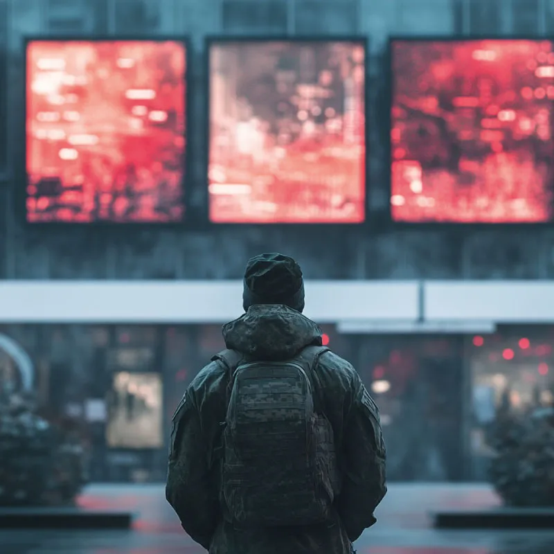 Persona con chaqueta y morral de camuflaje, de espaldas frente a tres pantallas con imágenes en rojo