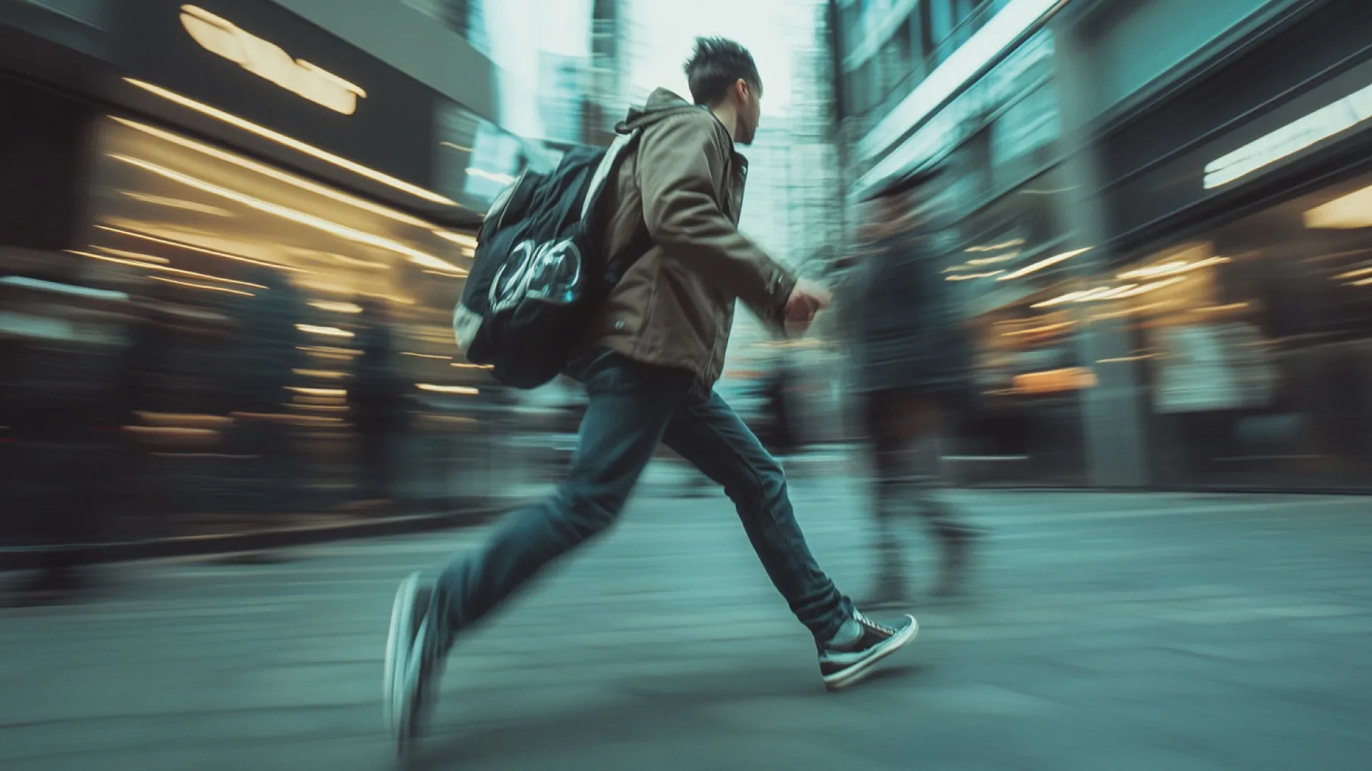 Hombre con morral corre por una calle comercial, con el fondo barrido por el movimiento