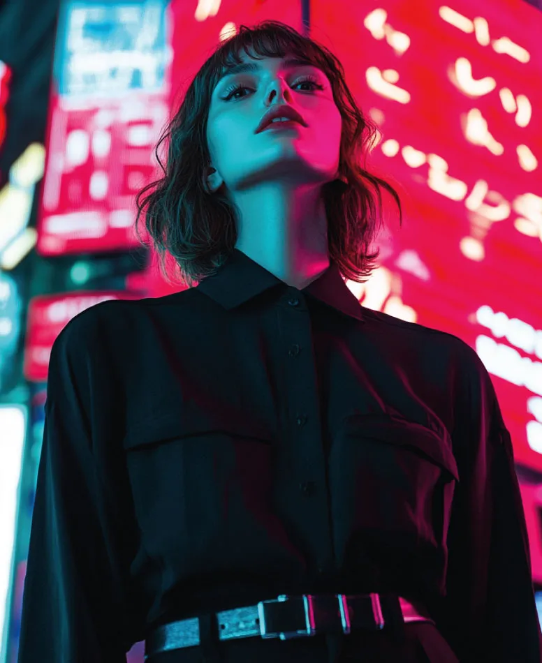 Mujer de camisa negra iluminada por letreros de neón rojos y azules en una calle de noche