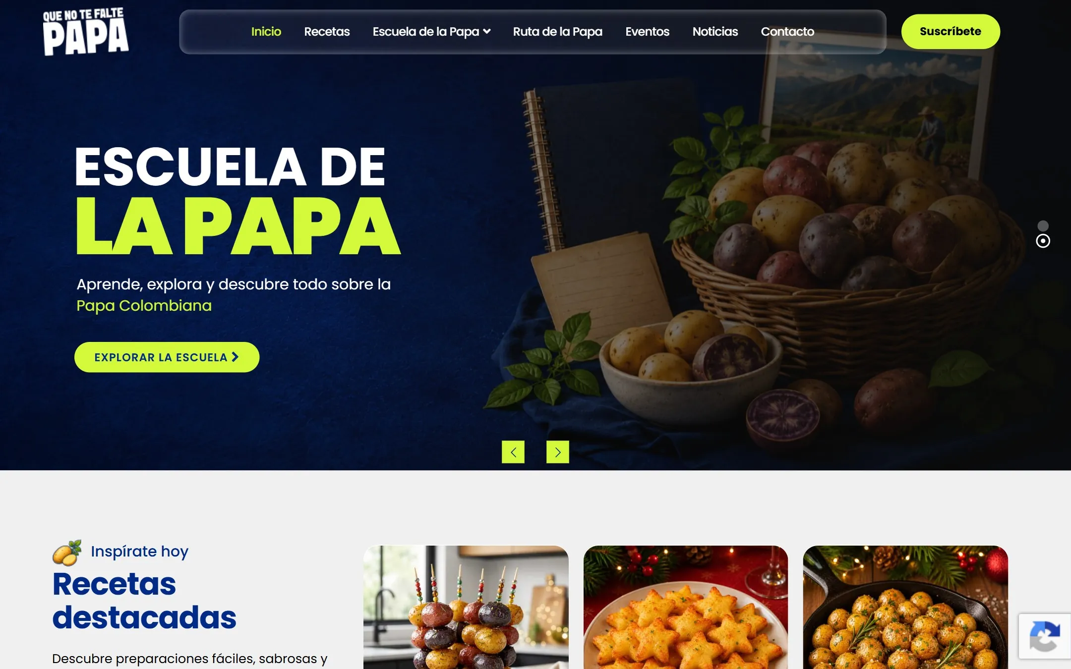 Inicio de quenotefaltelapapa.co, el sitio de Fedepapa con el banner de la Escuela de la Papa