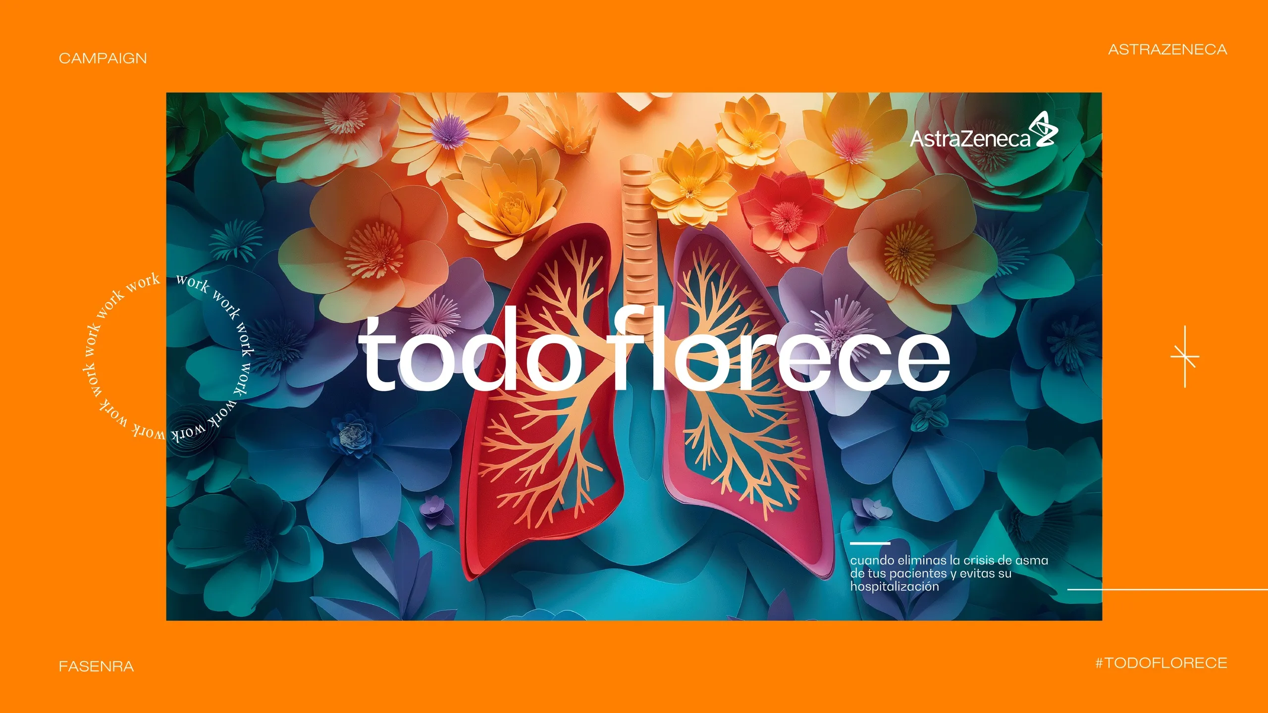 Pulmones hechos de flores de papel sobre fondo magenta con el título todo florece, campaña de AstraZeneca