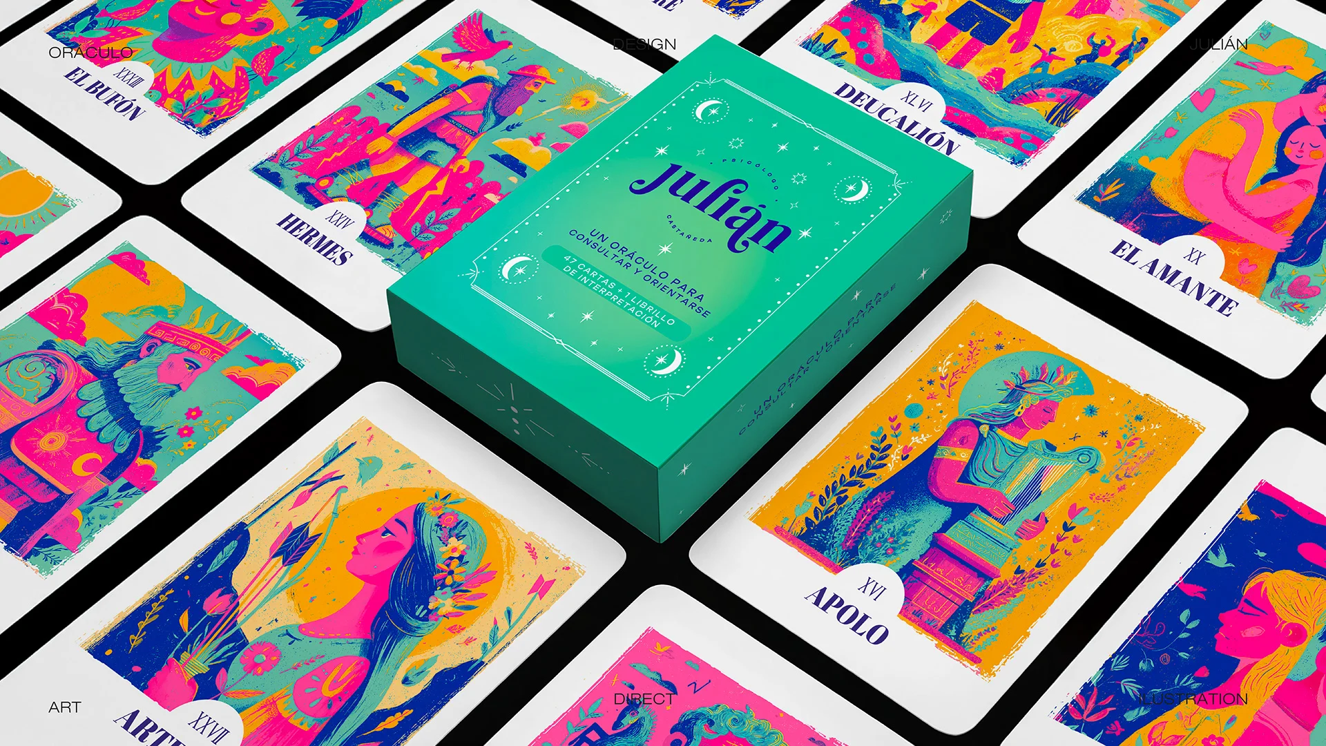 Caja del oráculo de Julián rodeada de sus cartas ilustradas
