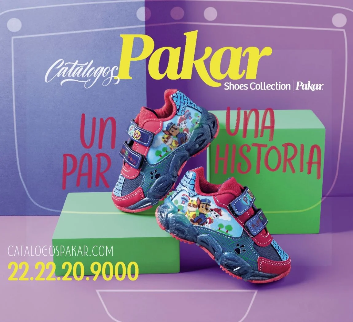 Pieza de Catálogos Pakar con tenis infantiles y el texto Un par, una historia