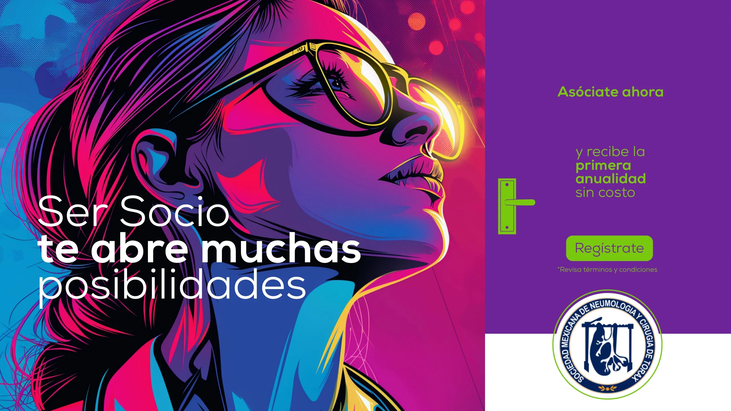 Key visual con el retrato ilustrado de una médica y el texto Ser socio te abre muchas posibilidades, asóciate ahora y recibe la primera anualidad sin costo